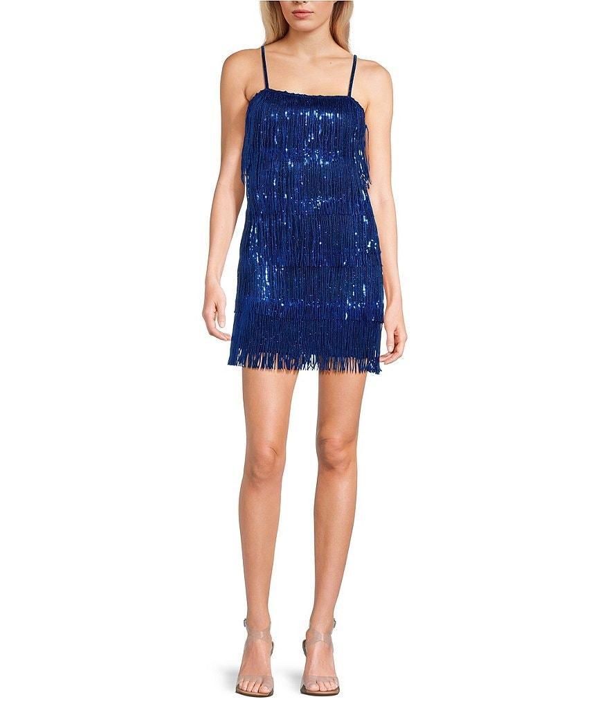 Allison & Kelly Square Neck Sleeveless Tinsel Fringe Dress Product Image