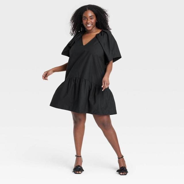 Womens Flutter Short Sleeve Mini Poplin Dress - A New Day Black 4X Product Image