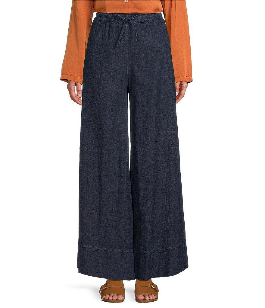 M Made in Italy Cotton Denim Smocked Waist Wide Leg Pants Product Image