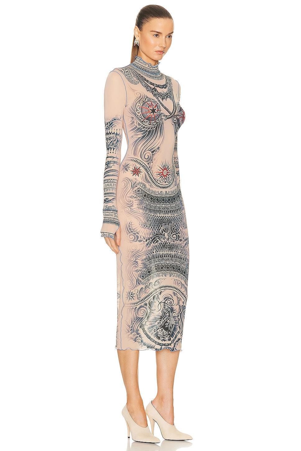 Jean Paul Gaultier Printed Soleil Long Sleeve High Neck Dress in Nude Product Image