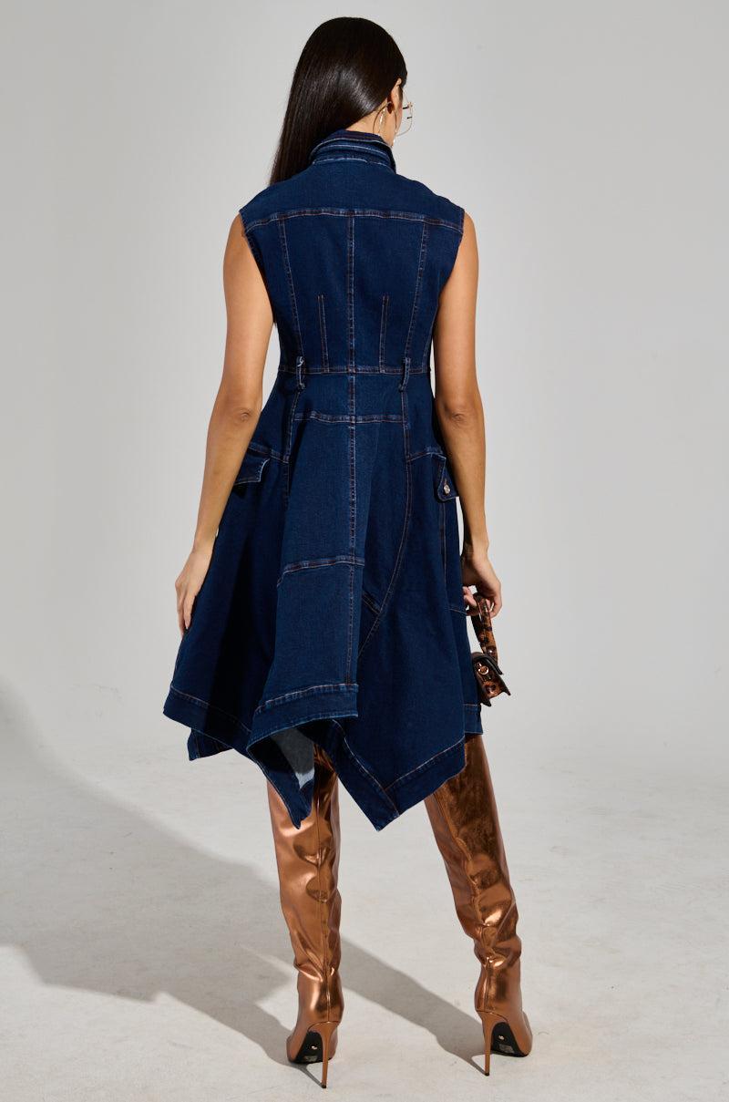 WINONA CAP SLEEVE BUTTON DOWN DENIM MIDI DRESS IN DARK BLUE Product Image