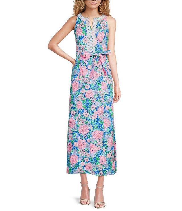 Lilly Pulitzer Gulianna Floral Print Notch V-Neck Sleeveless Lace Trim Belted Maxi Dress Product Image