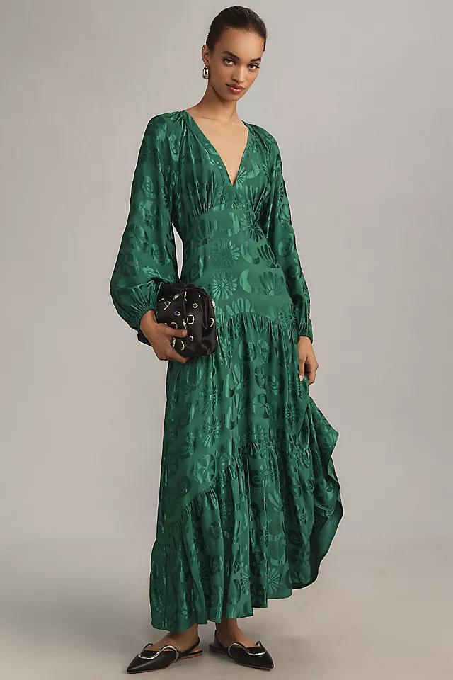 Farm Rio Long-Sleeve V-Neck Jacquard Maxi Dress Product Image