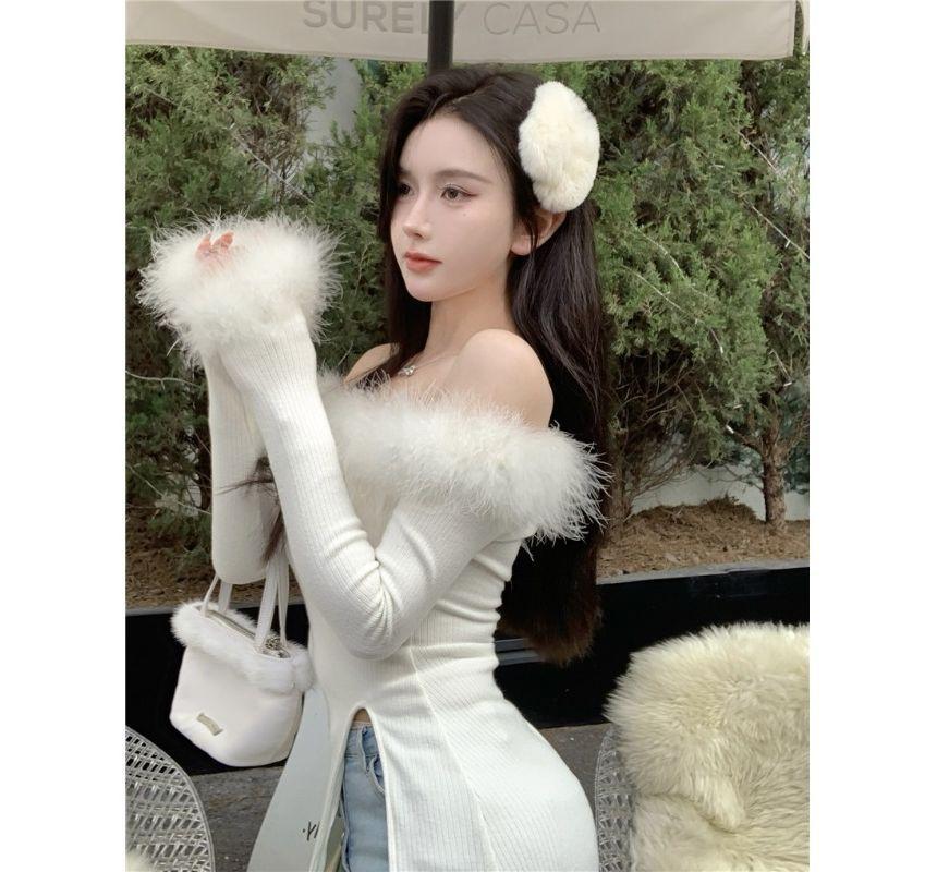 Off-Shoulder Plain Fluffy Trim Ribbed Side-Slit Sweater Product Image