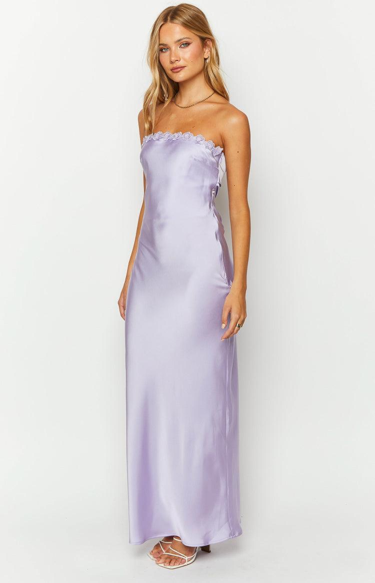 Rhea Purple Satin Strapless Maxi Dress Product Image