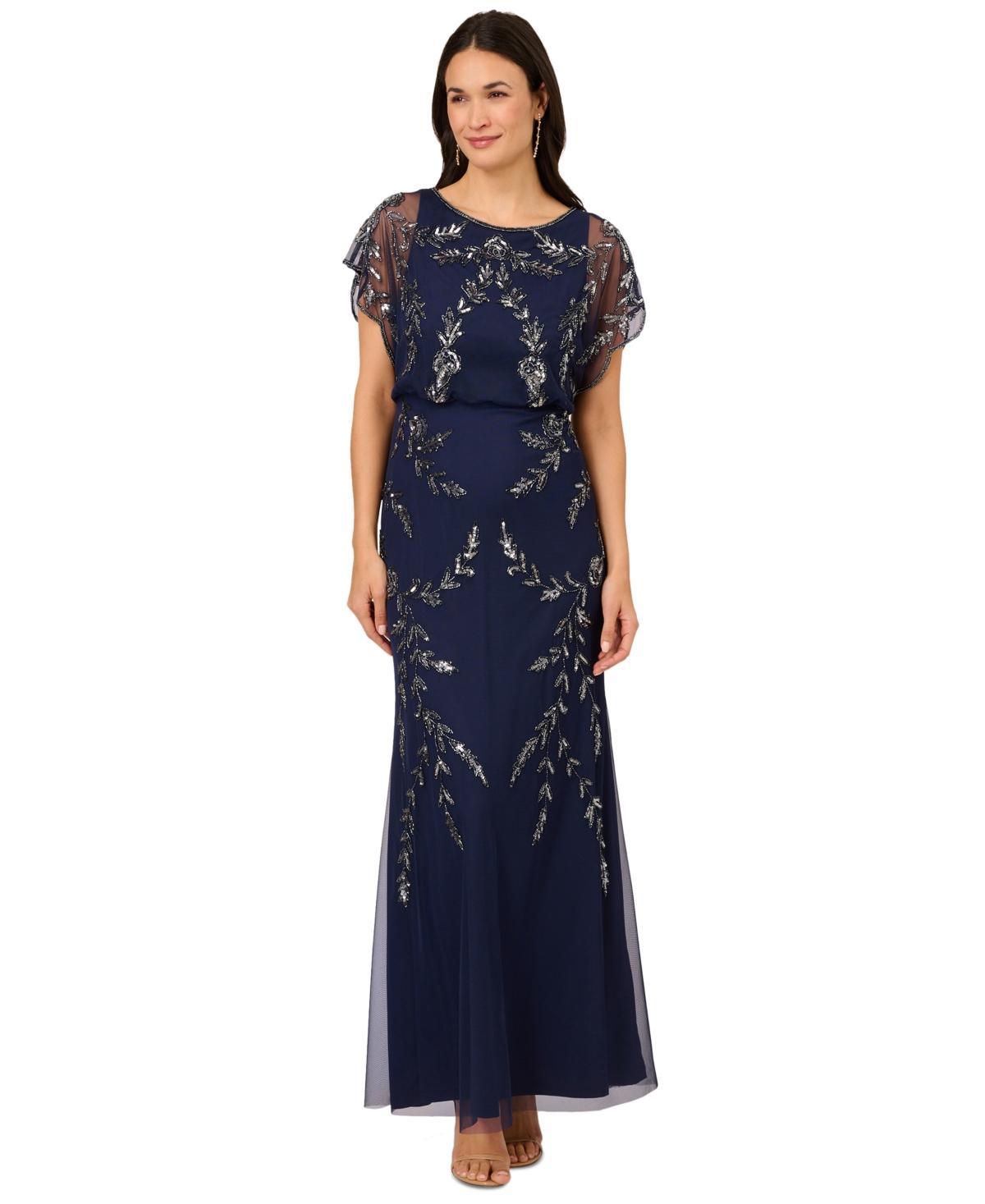 Adrianna Papell Womens Beaded Flutter-Sleeve Blouson Gown - Navy Product Image