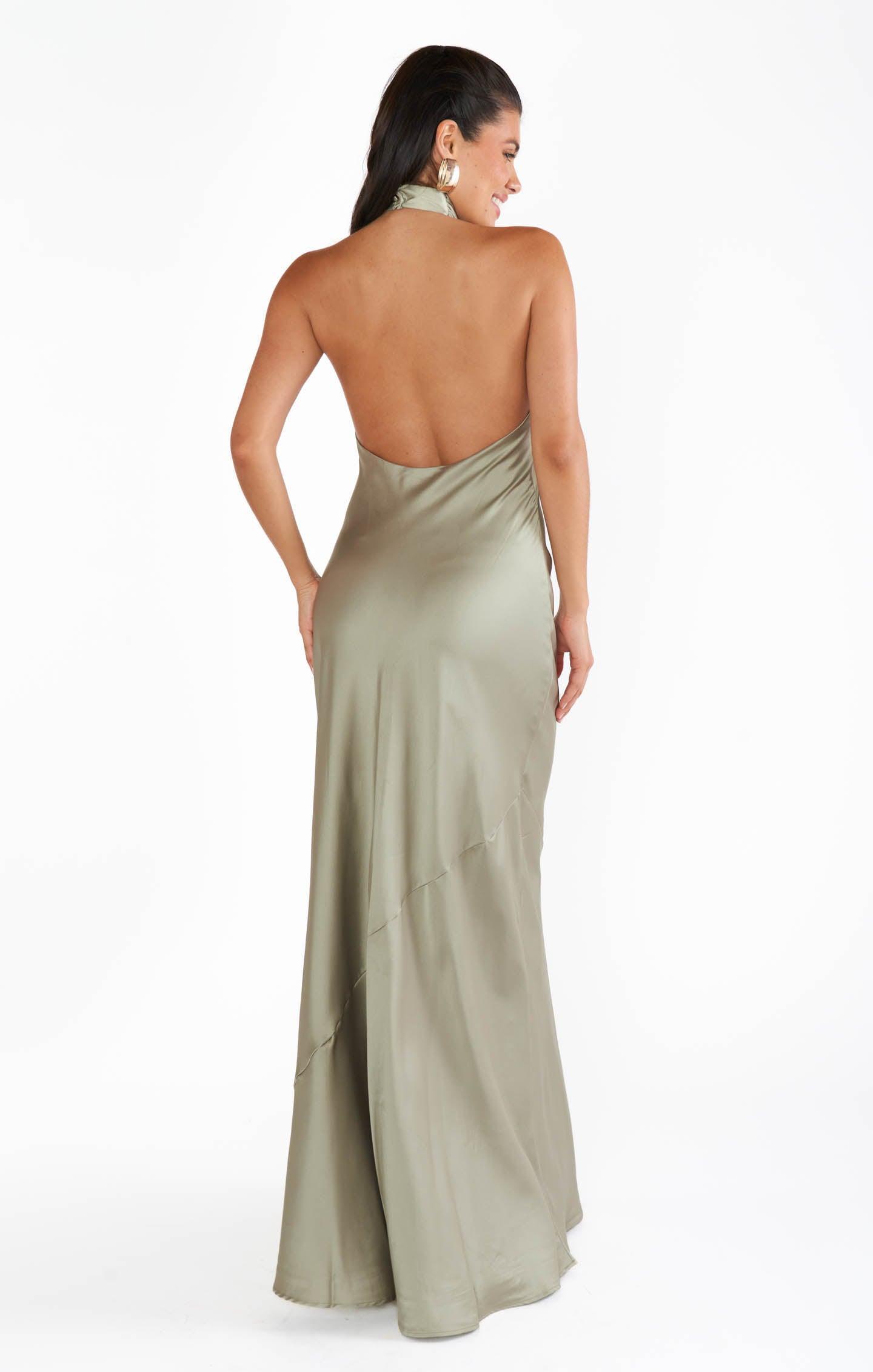 Jasmine Halter Maxi Dress ~ Silver Sage Luxe Satin Product Image