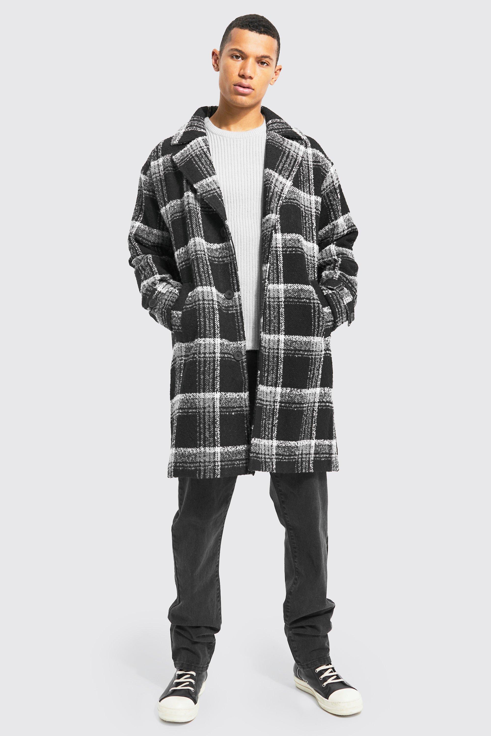 Tall Wool Look Check Belted Overcoat | boohooMAN USA Product Image