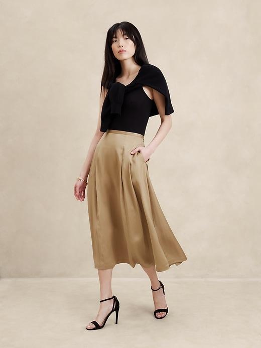 Slub Satin Pleated Midi Skirt Product Image