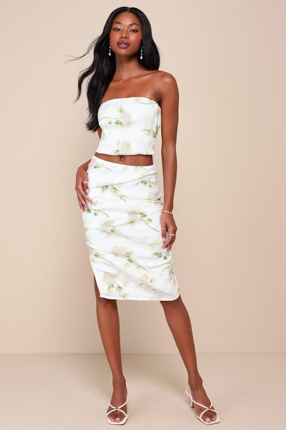 Enviable Sweetness Ivory Floral Wavy Pleated Midi Skirt Product Image