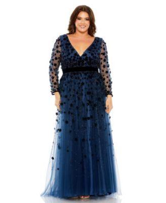 Mac Duggal Womens Floral Applique Long Sleeve A Line Gown Product Image