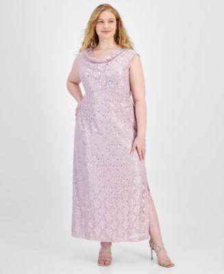 Plus Size Sequined Lace Draped-Neck Gown Product Image