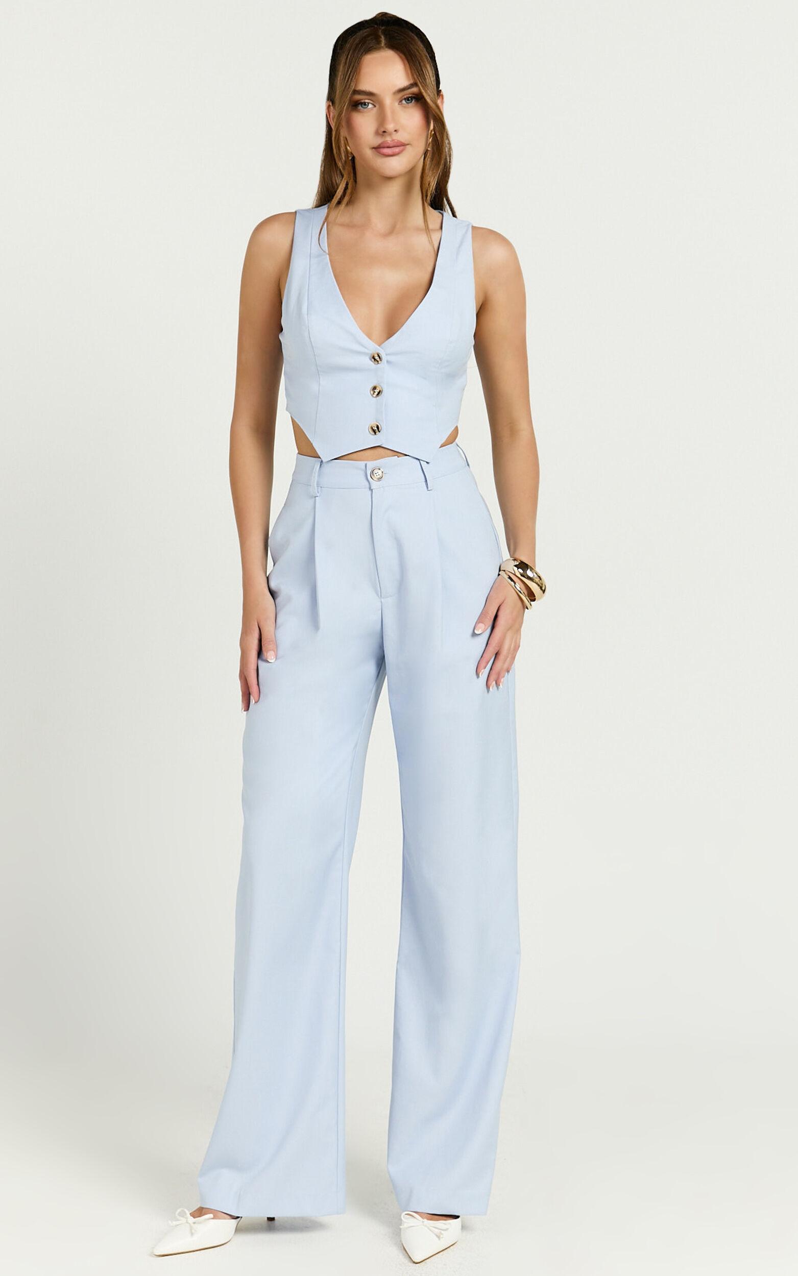 Izara Trousers - Mid Rise Relaxed Straight Leg Tailored Trousers in Light Blue Product Image