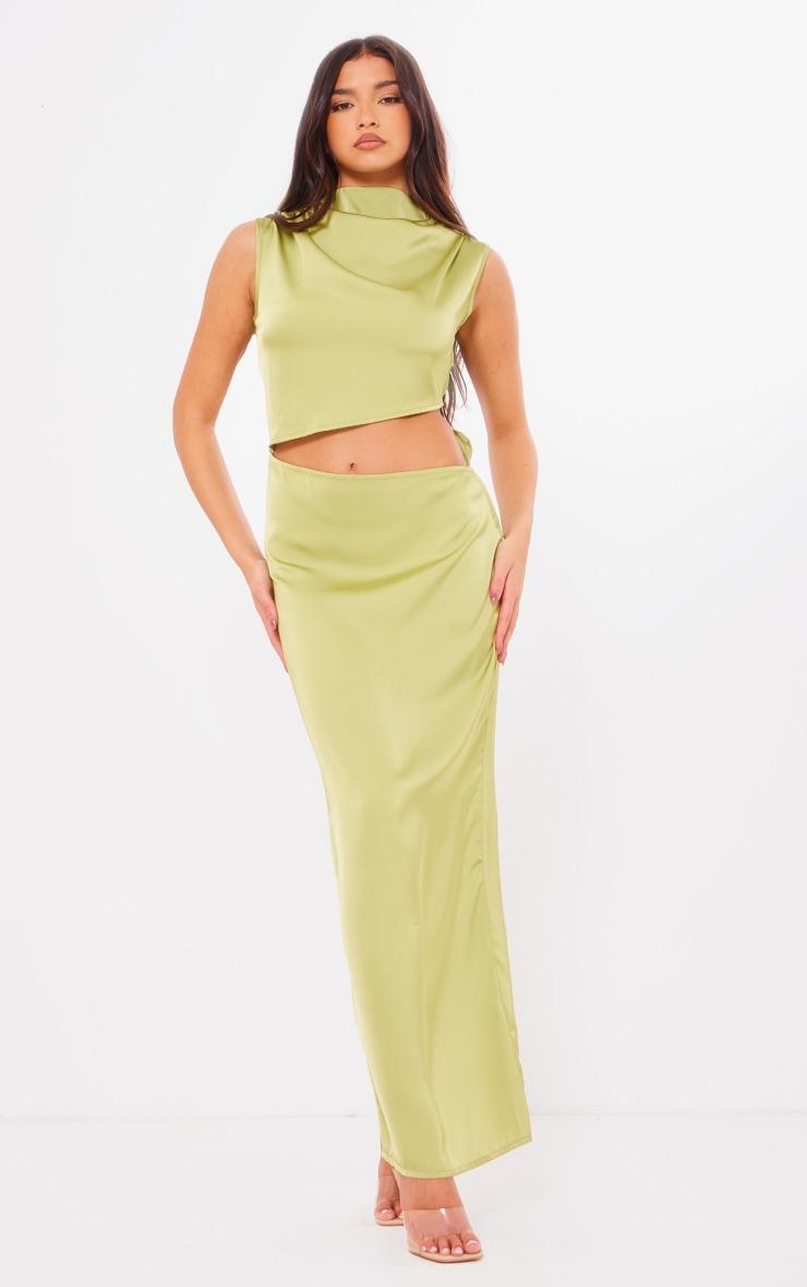 Bright Green Satin High Neck Cut Out Maxi Dress Product Image