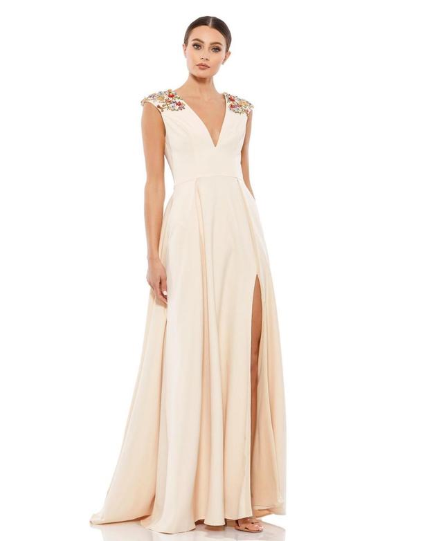 Womens Ieena Beaded Cap Sleeve V Neck A Line Gown Product Image