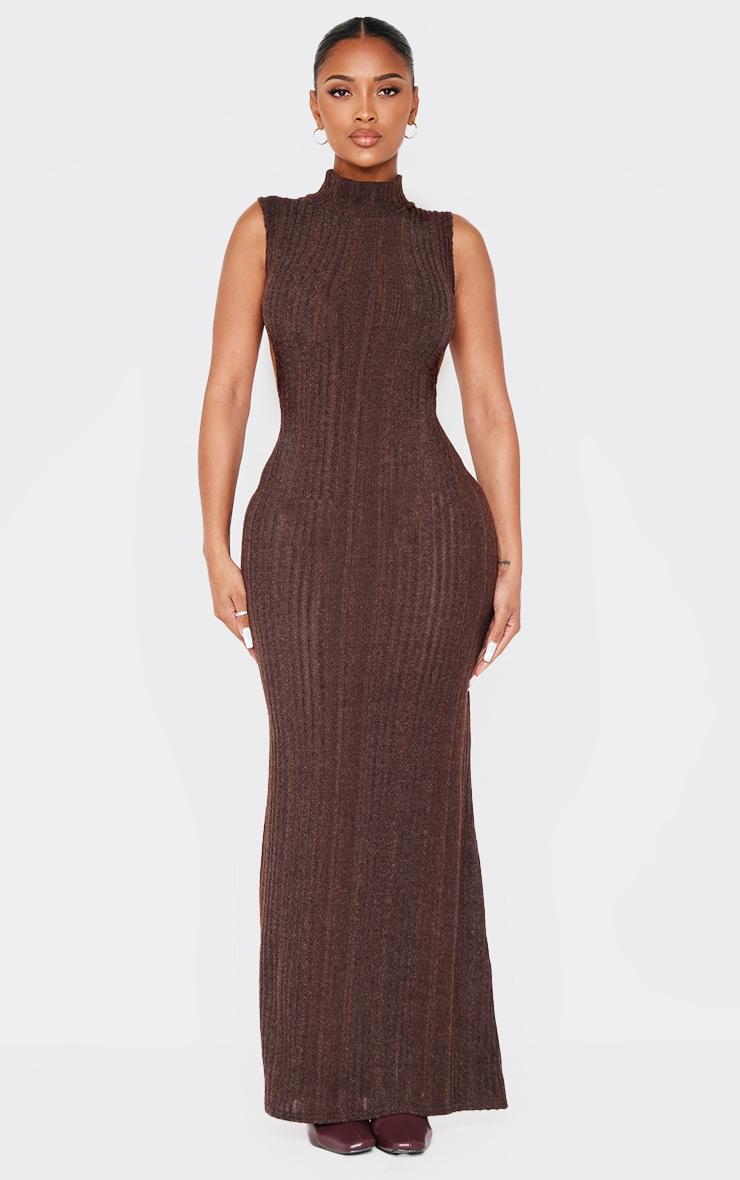 Shape Chocolate Brushed Rib High Neck Open Back Maxi Dress Product Image