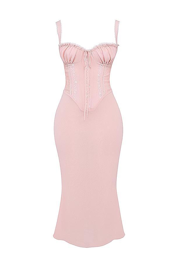 Syrah Soft Peach Lace Back Midi Dress Product Image