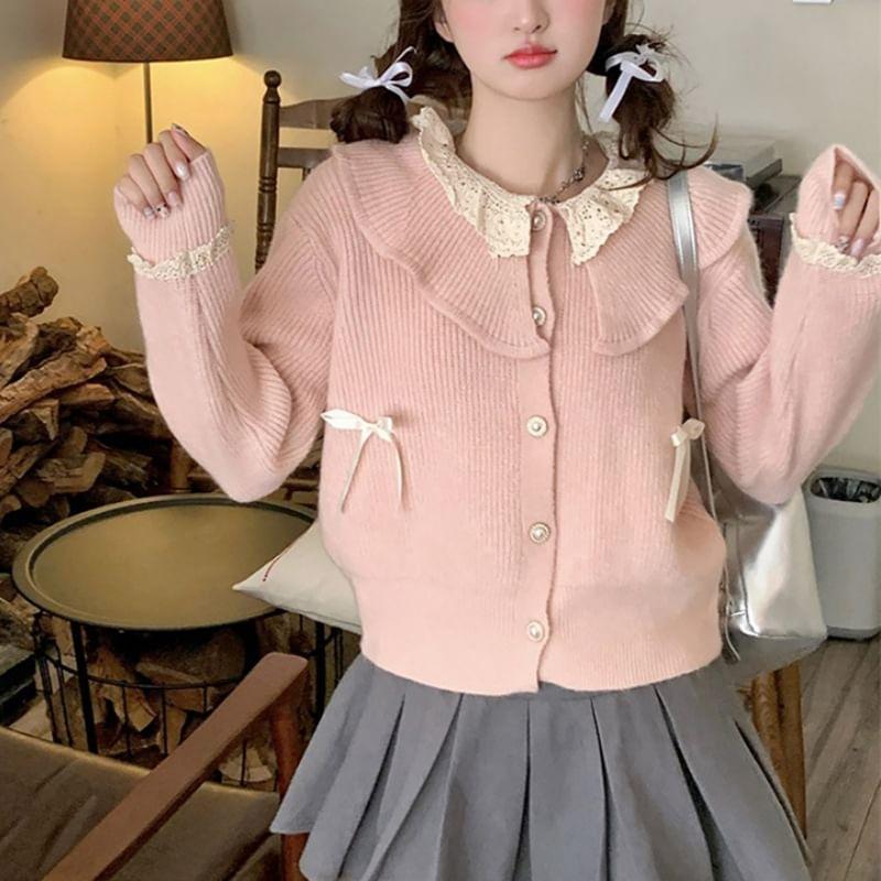 Long Sleeve Doll Collar Lace Panel Bow Accent Loose-Fit Cardigan Product Image