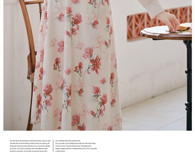 Mock Two-Piece Long-Sleeve Floral Print Midi A-Line Dress Product Image