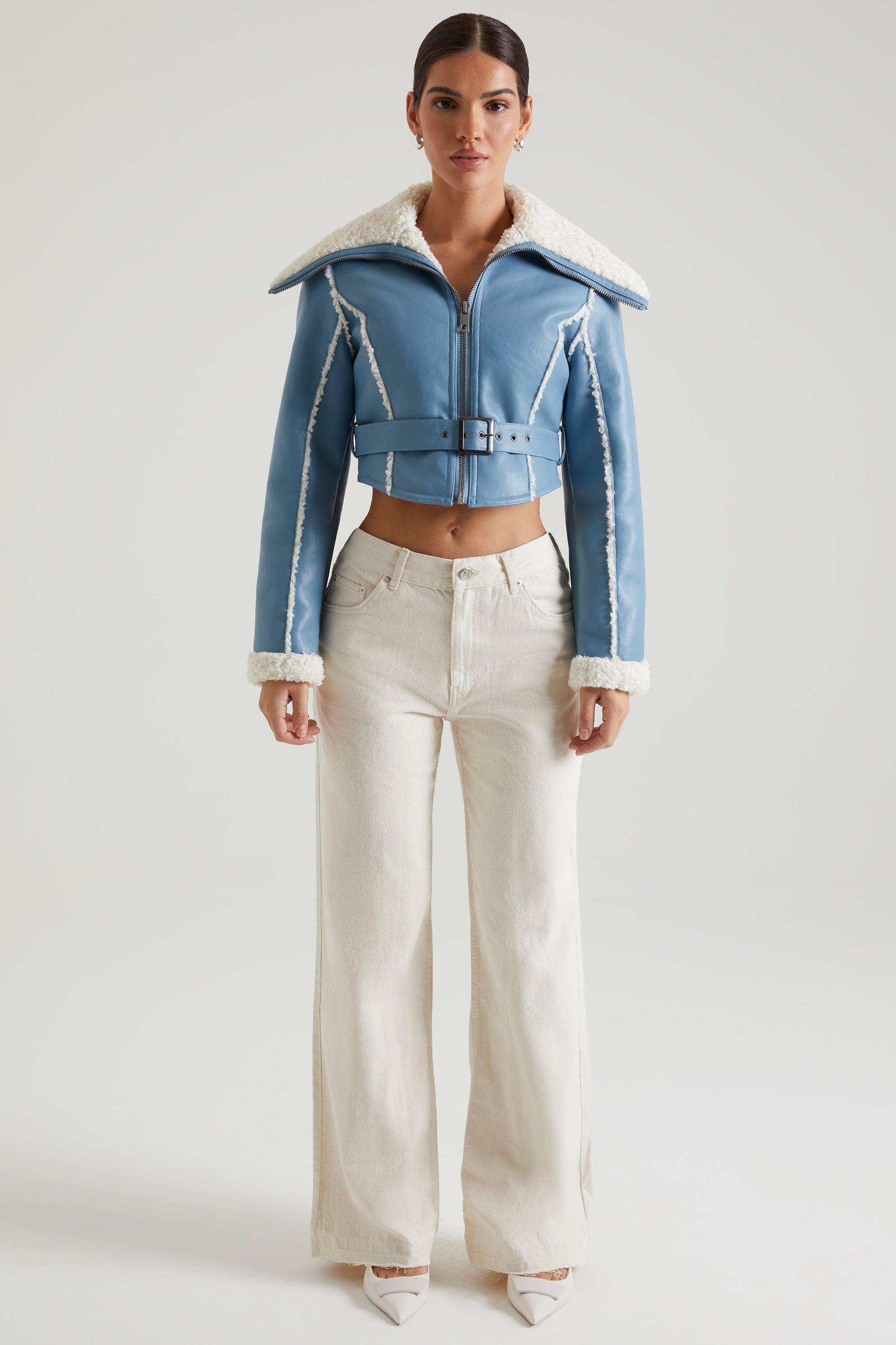 Jacket with Shearling Collar and Trim in Blue Product Image