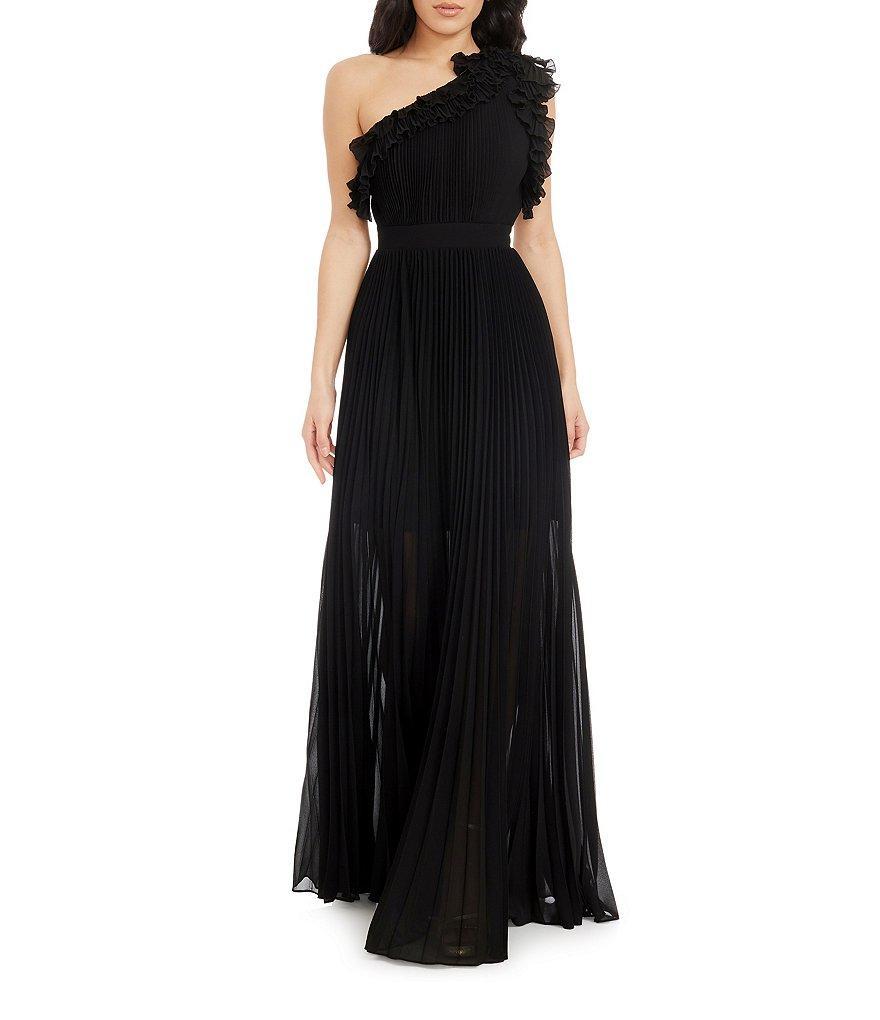 Dress the Population Vida Ruffle One Shoulder Sleeveless Pleated Gown Product Image