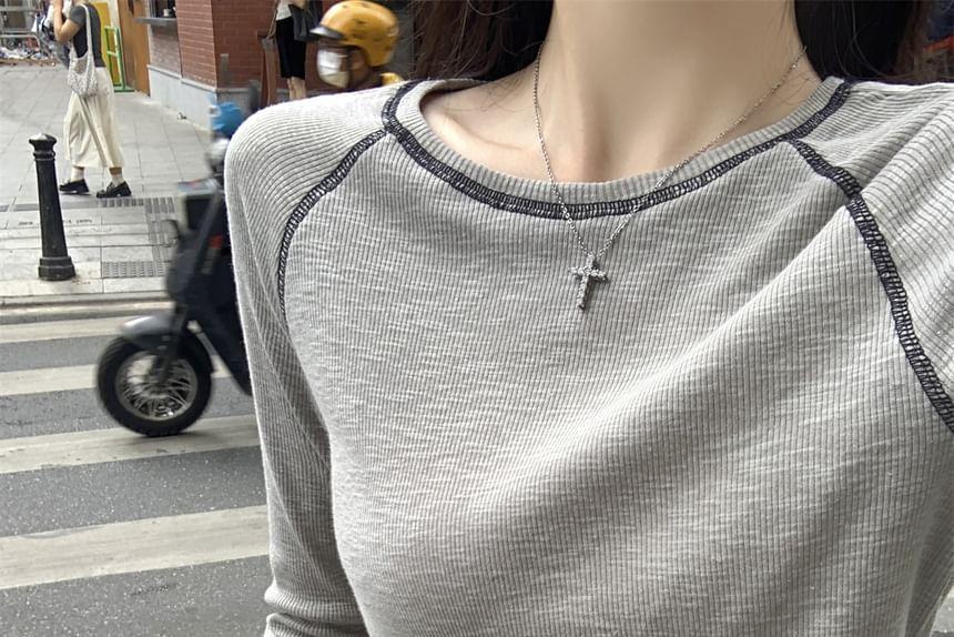 Long-Sleeve Crewneck Contrast Trim Tee Product Image