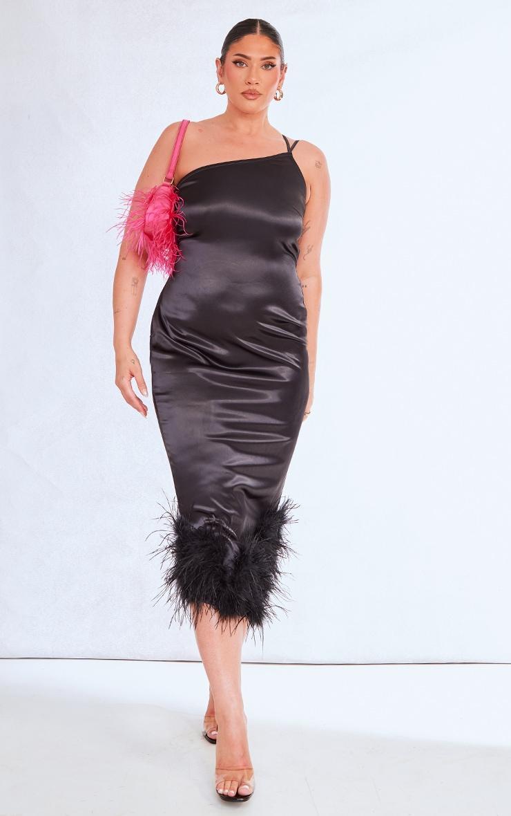 Plus Black Satin Feather Trim One Shoulder Midi Dress Product Image