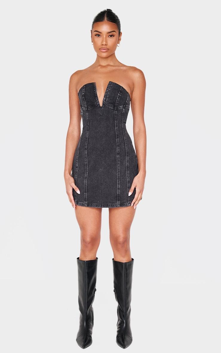 Black Plunge Detail Strapless Denim Mini Dress Product Image