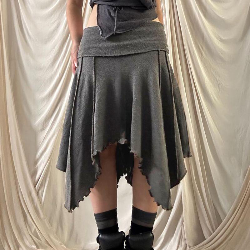 Low Waist Plain Paneled Ruffled-Trim Asymmetric-Hem Midi Skirt Product Image