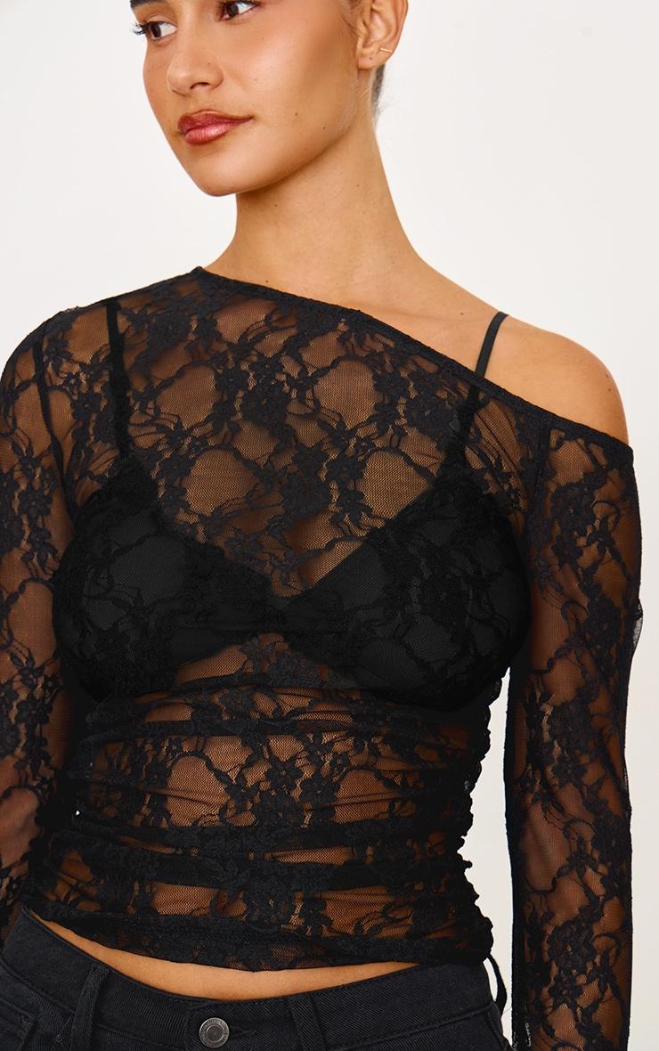 Black Lace Asymmetric Shoulder Long Sleeve Top Product Image