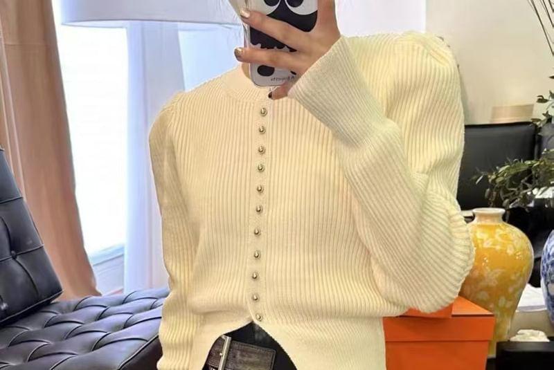 Long-Sleeve Round Neck Plain Ribbed Button Knit Top Product Image