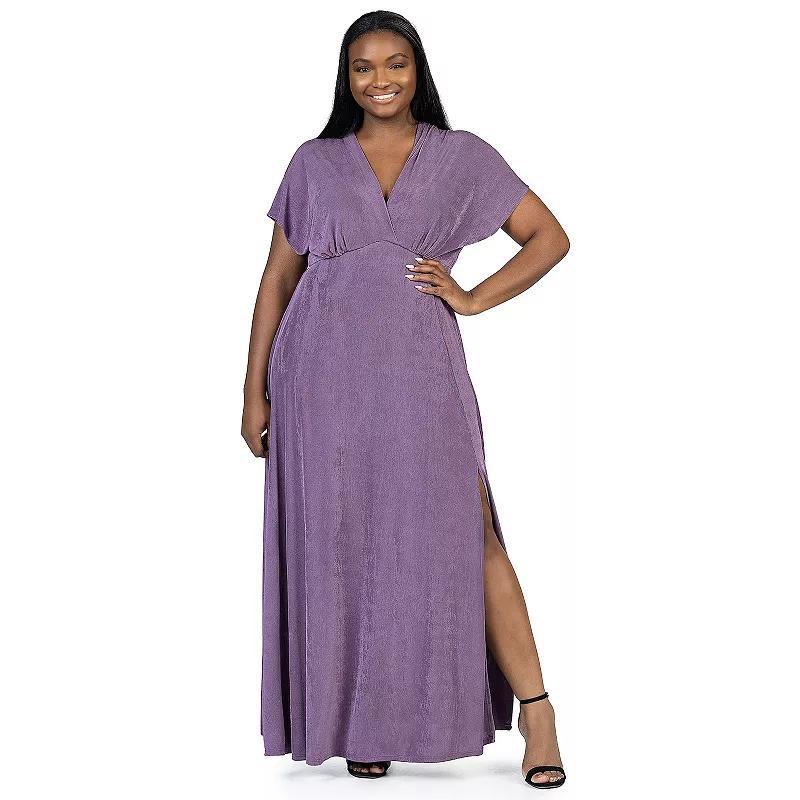 Plus Size 24Seven Comfort Apparel Flutter Sleeve Metallic Knit Maxi Dress Front Slit Empire Waist, Womens Product Image