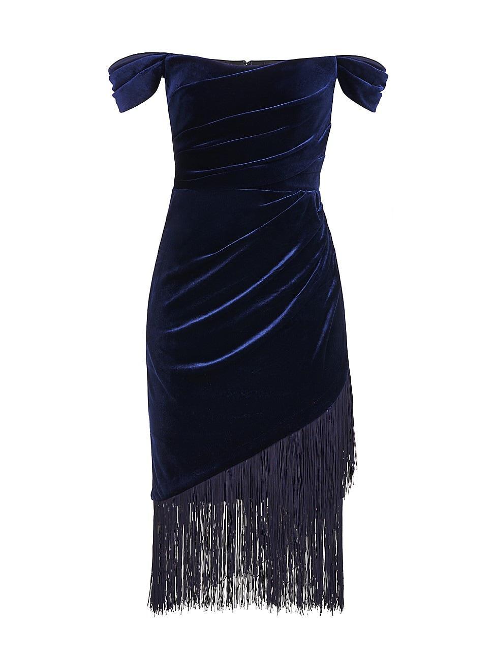 Melissa Off-Shoulder Fringe Velvet Midi Dress Product Image