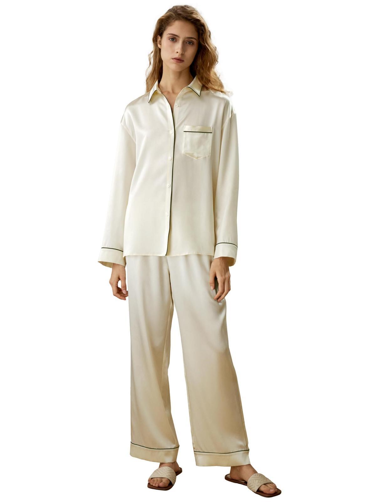 Lilysilk Womens Contrast Piping Button-Up Full Length Pajama Set for Women Product Image