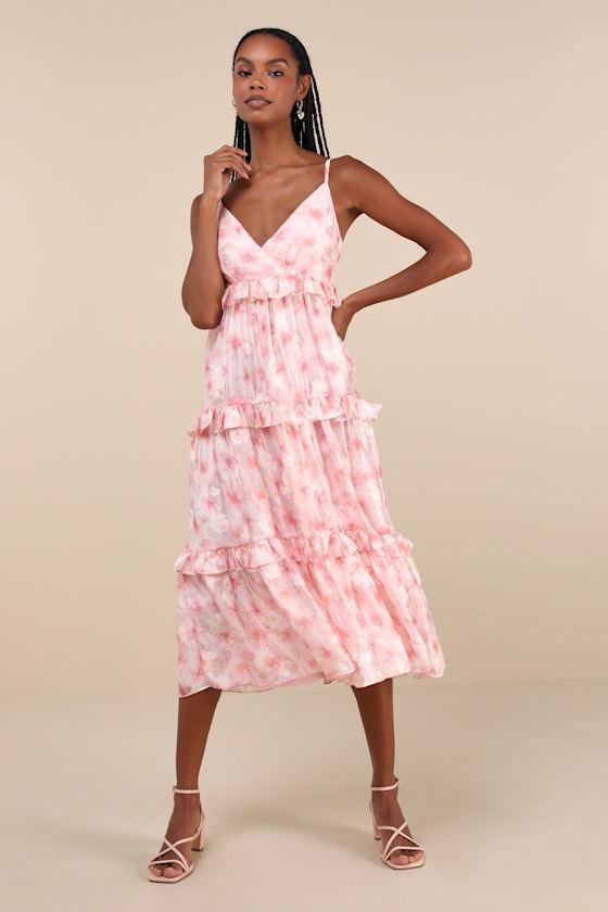 Radiantly Adorable Pink Floral Sleeveless Tiered Midi Dress Product Image