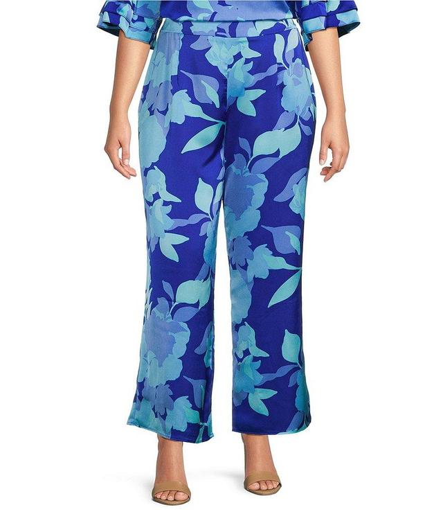 Sugarlips Plus Size Satin Floral Print High Rise Coordinating Wide Leg Pull-On Pant Product Image