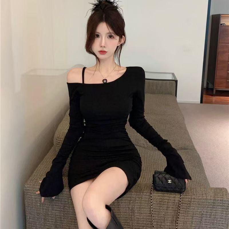 Flared-Sleeve Cold-Shoulder Plain Mini Sheath Dress Product Image