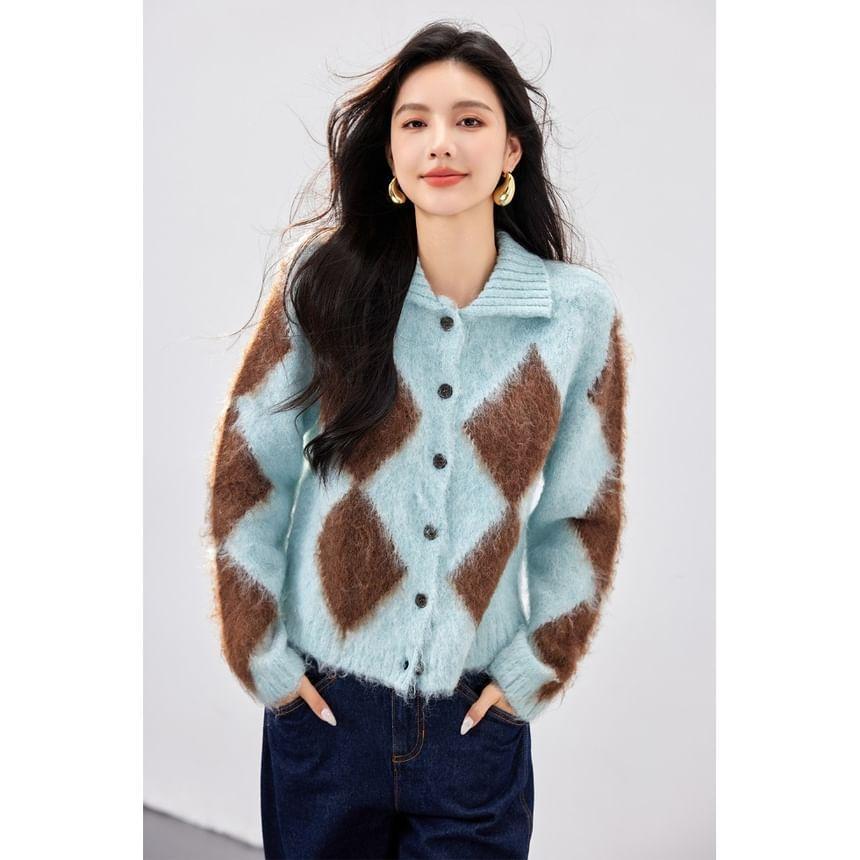 Collar Argyle Fluffy Cardigan Product Image