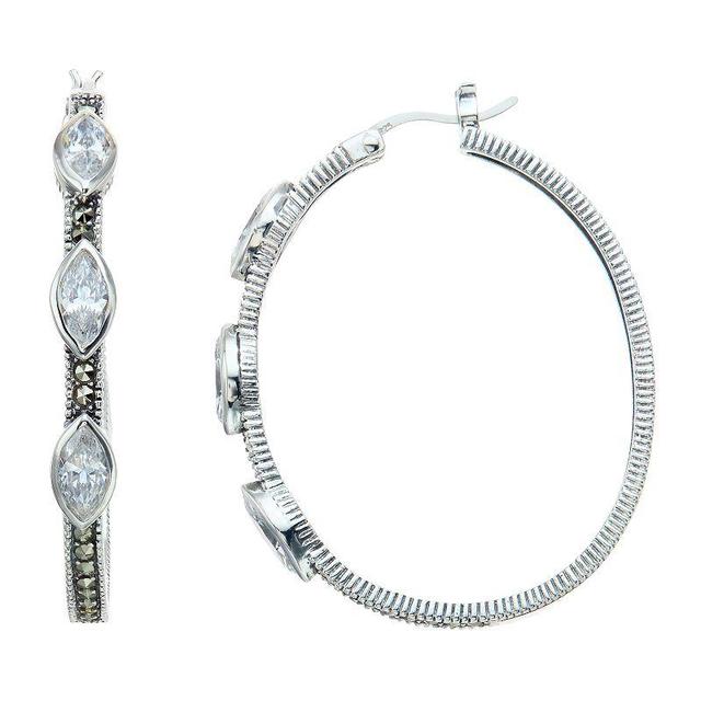 Lavish by TJM Sterling Silver Cubic Zirconia & Marcasite Hoop Earrings, Womens Product Image