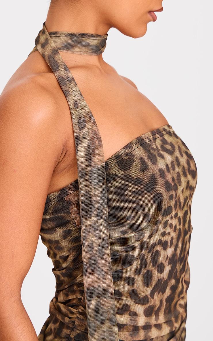 Brown Leopard Print Mesh Bandeau Scarf Maxi Dress Product Image