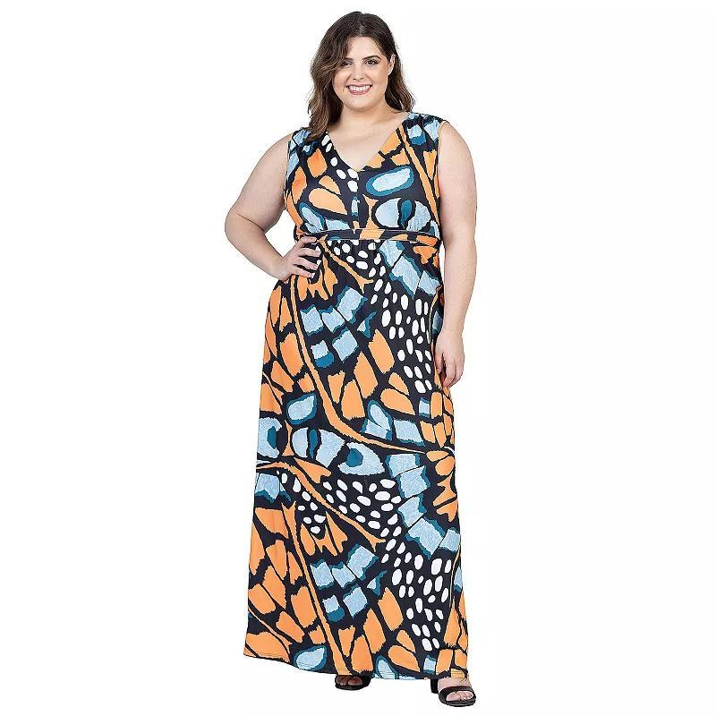 Plus Size 24Seven Comfort Apparel Print V Neck Empire Waist Sleeveless Maxi Dress, Womens Product Image