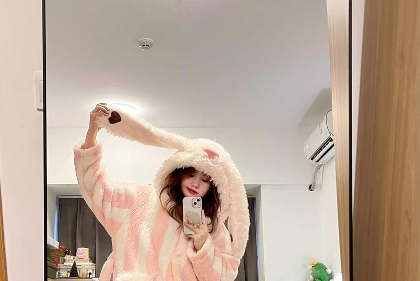 Rabbit Ear Hooded Fleece Striped Pajama Robe Product Image