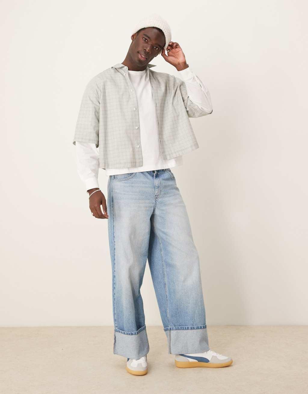 ASOS DESIGN oversized cropped shirt with double layer sleeves in gray check Product Image