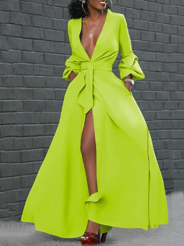 Puff Long Sleeves Buttoned Solid Color Deep V-Neck Maxi Shirt Dresses Product Image