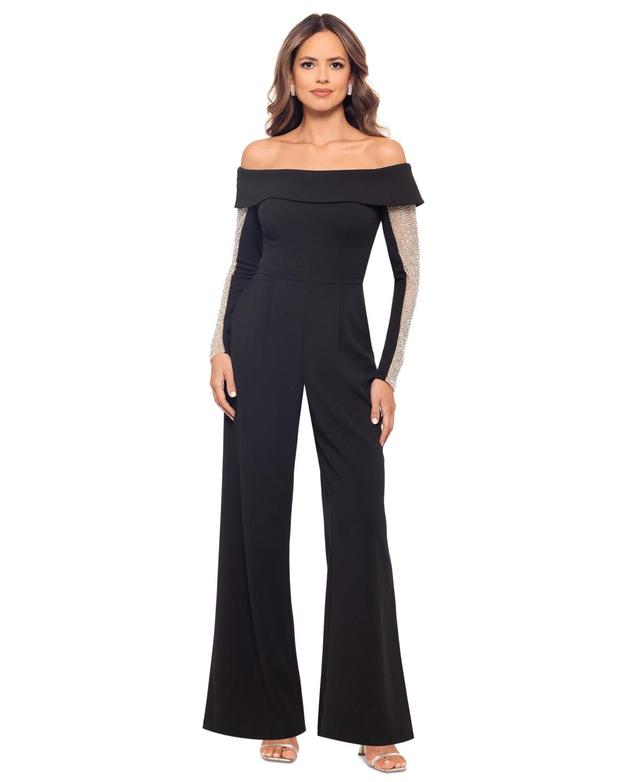 Xscape Womens Embellished Off-The-Shoulder Jumpsuit - Black/Nude Product Image