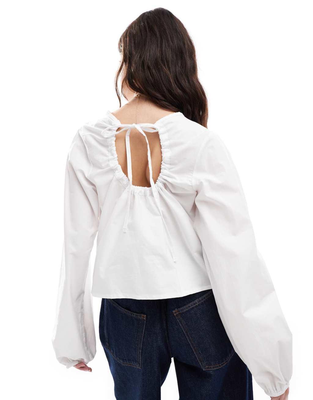 ASOS DESIGN poplin long sleeve ruched back blouse in white product image