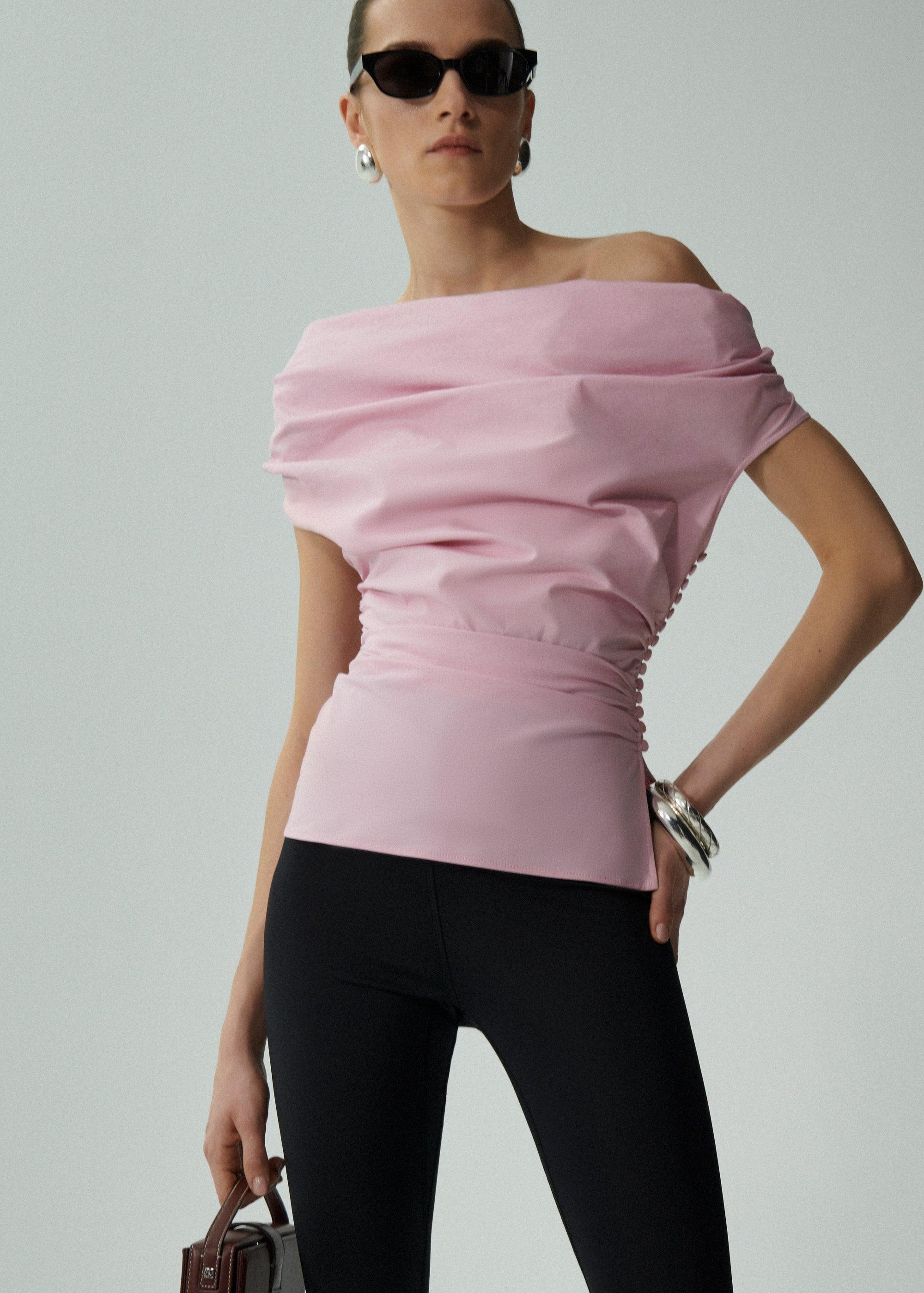 Off shoulder draped top in pink Product Image