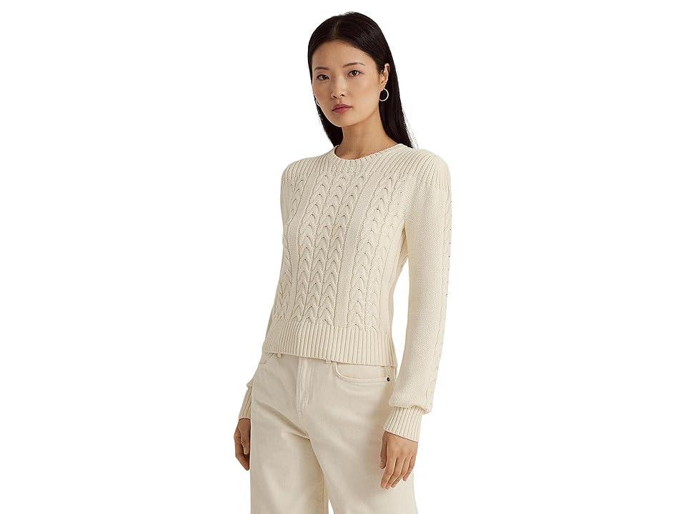 LAUREN Ralph Lauren Petite Cable-Knit Puff Sleeve Sweater (Mascarpone Cream) Women's Sweater Product Image