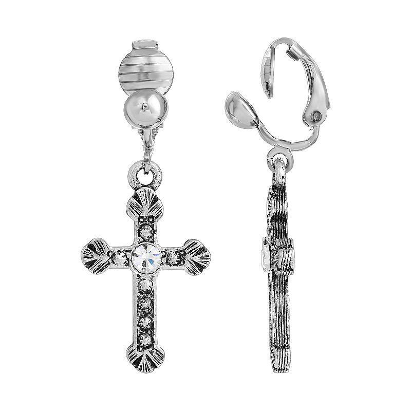 1928 Crystal Accent Cross Clip On Earrings, Womens, Silver Product Image