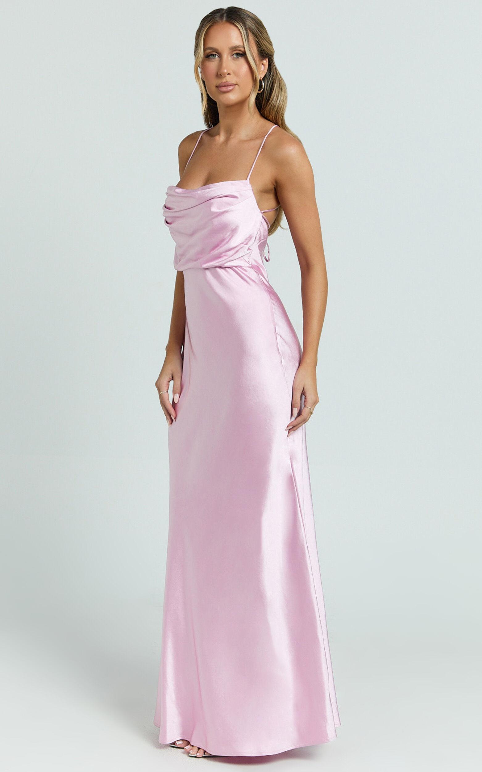 Hanna Maxi Dress - Satin Cowl Neck Low Back Dress in Pink Product Image